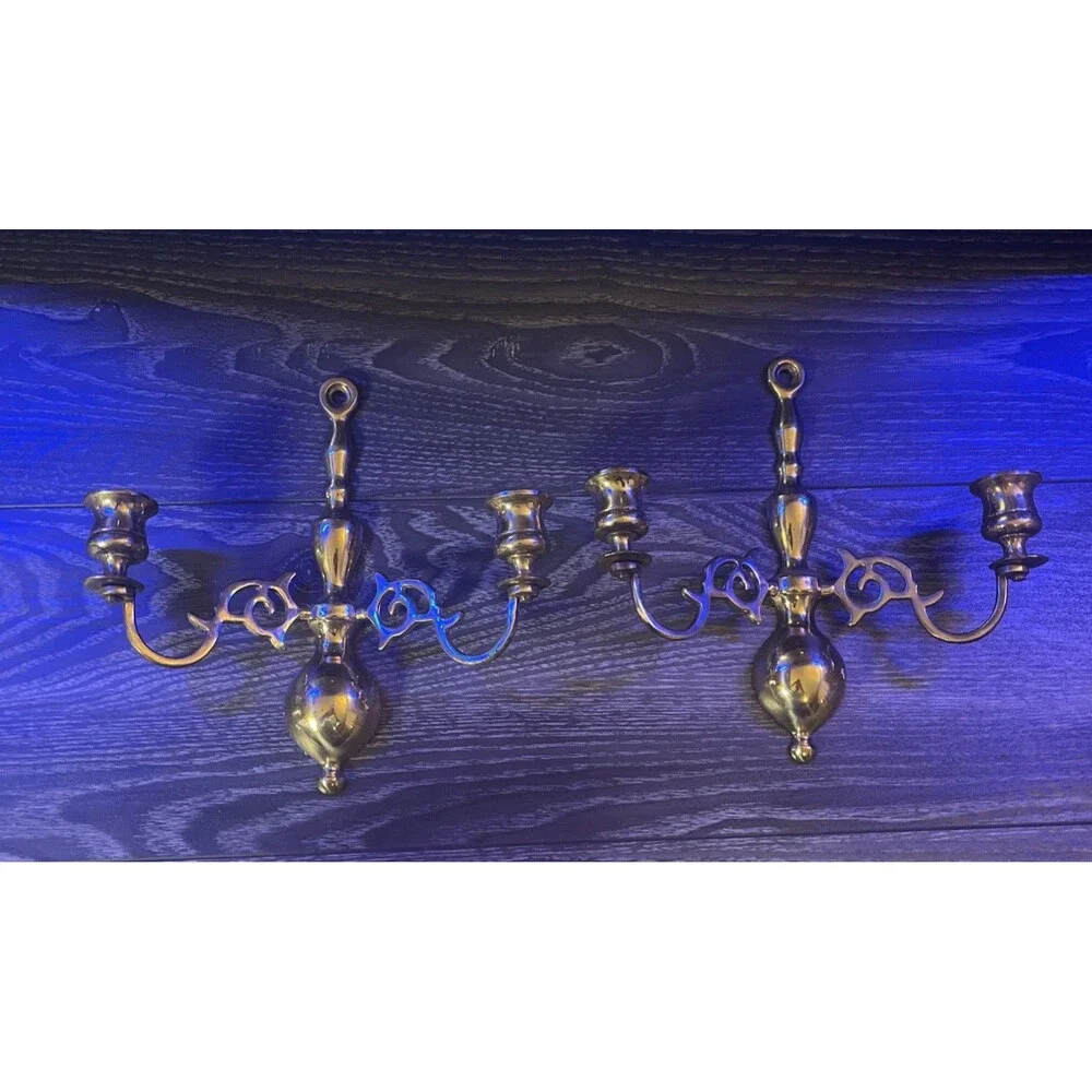 Vtg English REGENCY Pair Solid Brass Candle Holder/Sconces Wall Mount (2)